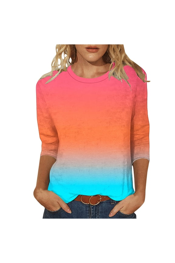 Women's Gradient Tops 3/4 Length Sleeve Crew Neck Casual Tunic Tops Spring Summer Basic Loose Fit Blouses Orange-A