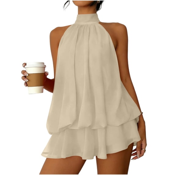FRSASU Women's Halter Chiffon Mini Dress Sleeveless Open Back Ruffle Short Dress Y2k Summer Tie Backless Party Dresses Khaki