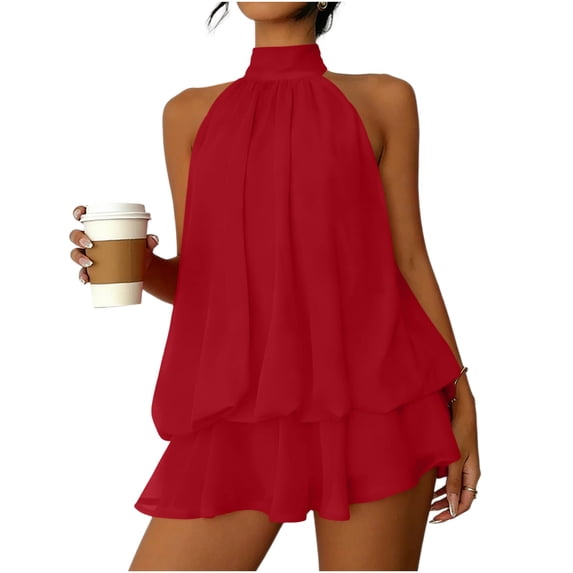 FRSASU Women's Halter Chiffon Mini Dress Sleeveless Open Back Ruffle Short Dress Y2k Summer Tie Backless Party Dresses Red