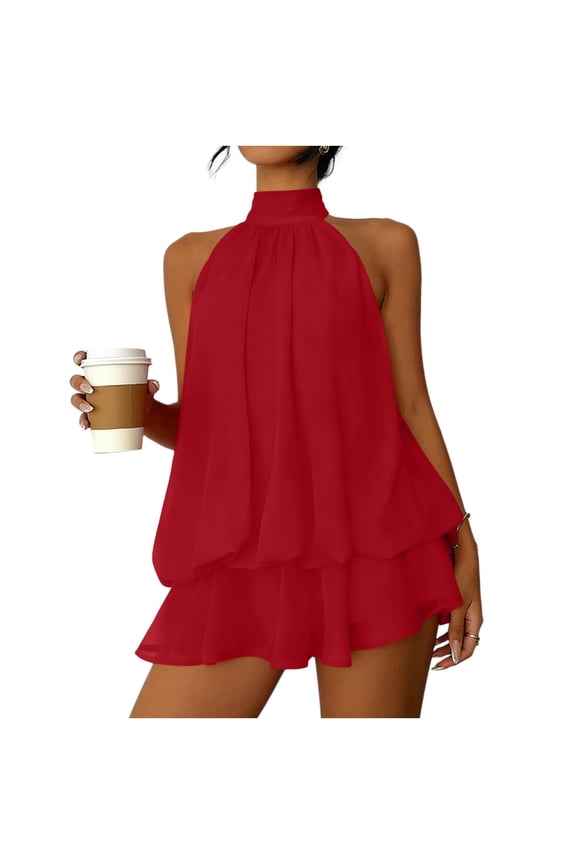 Women's Halter Chiffon Mini Dress Sleeveless Open Back Ruffle Short Dress Y2k Summer Tie Backless Party Dresses Red