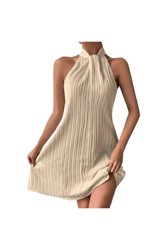 Women's Halter Mini Dress Twist Textured Pattern Sleeveless Cowl Neck Tie Back Cocktail Dress Khaki