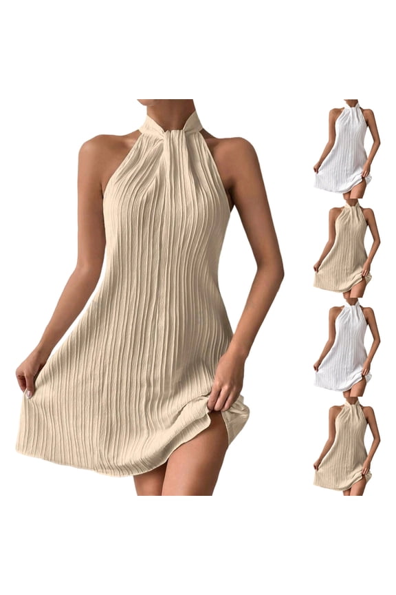 Women's Halter Mini Dress Twist Textured Pattern Sleeveless Cowl Neck Tie Back Cocktail Dress White