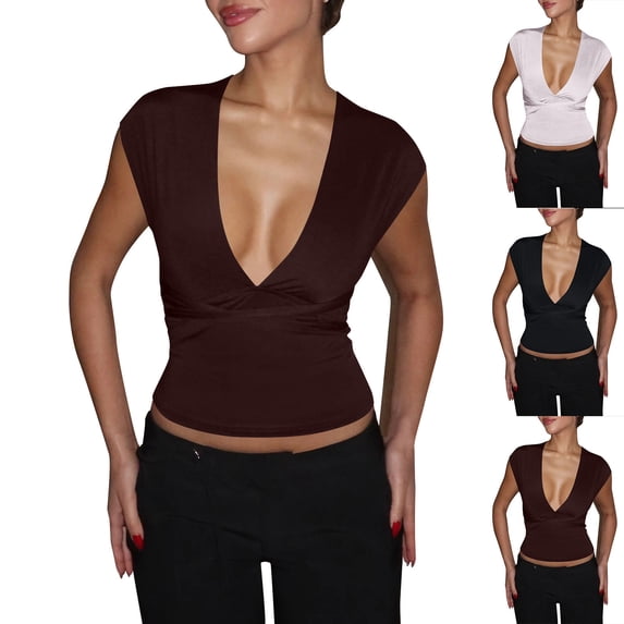 FRSASU Women's Halter Tank Top Deep V-Neck Tie Up Backless Solid Slim Shirt Summer Going Out Streetwear White