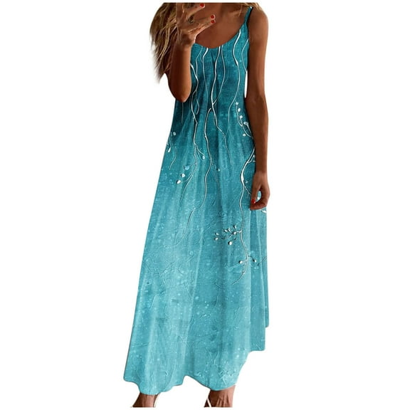 FRSASU Women's Halter V Neck Print Cami Dress Sleeveless Casual Fashion Long Dresses Blue XXXL(XXXL)