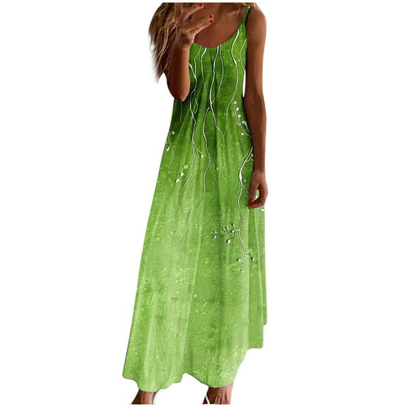 FRSASU Women's Halter V Neck Print Cami Dress Sleeveless Casual Fashion Long Dresses Green XXL(XXL)