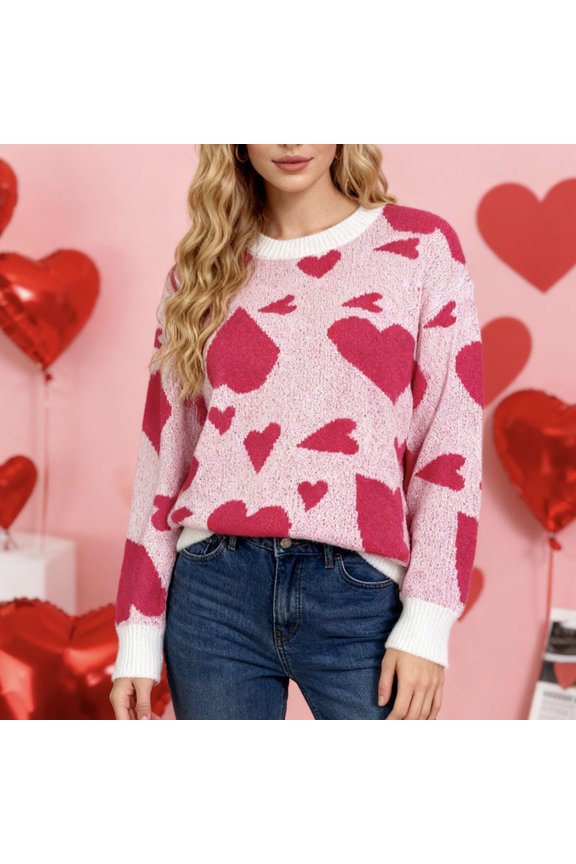 Women's Heart Print Knit Sweater Love Heart Pullover Sweater Oversized Long Sleeve Jumper Tops Hot Pink