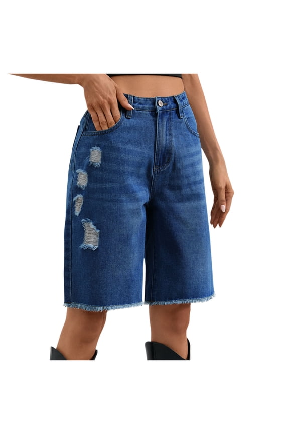 Women's Jorts Hip Hop Loose Fit Baggy High Waisted Jean Shorts Ripped Denim Streetwear Bermuda Shorts Blue