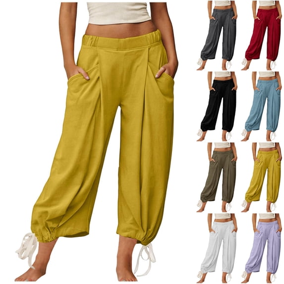 FRSASU Women's High Waist Harem Pants Drawstring Ankle Loose Fit Solid Pants Lounge Vacation Palazzo Trousers with Pockets Yellow