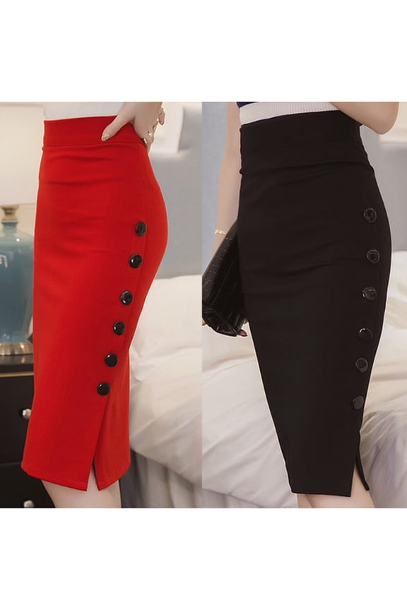 Women's High Waist Pencil Skirt Business Casual Skirt Buttons Stretch Bodycon Knee Length Straight office Midi Skirt Red