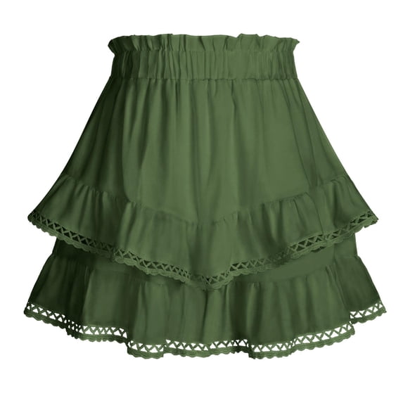 FRSASU Women's High Waist Ruffle Layered Mini Skirt Fashion Lace Edge Pleated Party Short Skirt Army Green