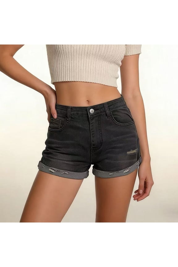 Women's High-Waist Stretch Curled Cuffed Denim Shorts, Summer Casual Vintage Elastic Button Jeans Short Black