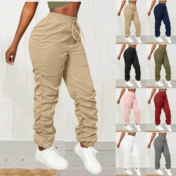 FRSASU Women's Hiking Pants Quick Dry Lightweight Drawstring Cargo Joggers Pleated Elastic Waist Outdoor Casual Safari White