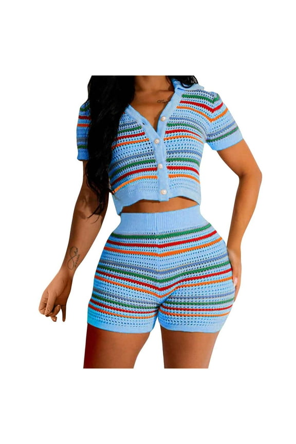 Women's Hollow Out V Neck Knit Set Short Sleeve 2 Piece Outfits Sweater Shorts Set Color Matching Set Blue