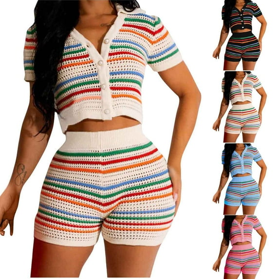 FRSASU Women's Hollow Out V Neck Knit Set Short Sleeve 2 Piece Outfits Sweater Shorts Set Color Matching Set Pink