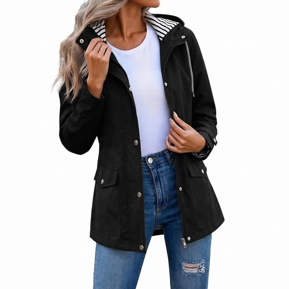 FRSASU Women's Hooded Raincoat Lightweight Fit Plus Size Waterproof Dressy Zip up Rain Jacket Windbreaker with Pockets Black