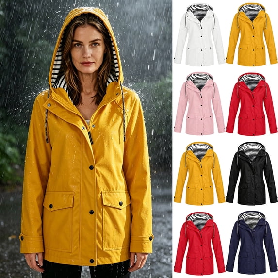 FRSASU Women's Hooded Raincoat Lightweight Fit Plus Size Waterproof Dressy Zip up Rain Jacket Windbreaker with Pockets Yellow