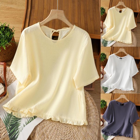 FRSASU Women's Imitation Cotton Linen Blouse Ruffle Pleated Hem Tops Loose Casual Back Lace up Round Neck Basic Tee Shirts Yellow