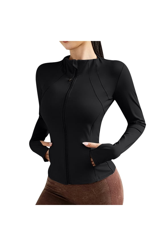 Women's Jacket Full Zip UPF 50+ Sun Protection Workout Athletic Cropped Running Yoga Sportswear Jacket with Thumb Holes Black