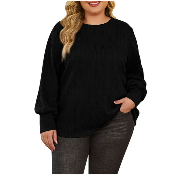 FRSASU Women's Jacquard Blouse Ladies Round Neck Solid Color Long Sleeve Pullover Fashionable Shirt Black L(L)