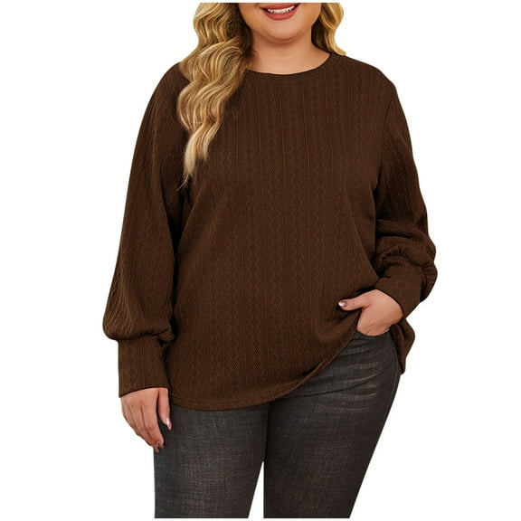 FRSASU Women's Jacquard Blouse Ladies Round Neck Solid Color Long Sleeve Pullover Fashionable Shirt Coffee XXL(XXL)