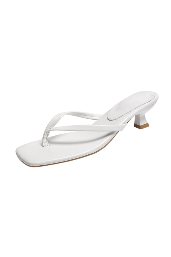 Women's Kitten Heels Square Toe Sandals Flip Flop Heels Thong Sandals Comfortable Summer 2 Inch Heels Sandals White