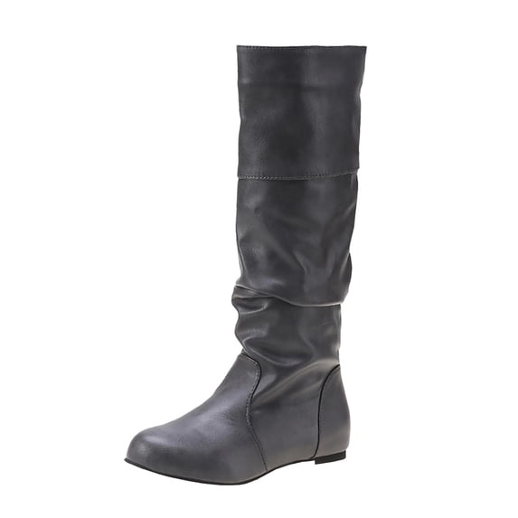 FRSASU Women's Knee High Boots Faux Leather Flat Slouch Boots Pull On Fall Winter Stylish Boot for Women Wide Calf Riding Boot Gray