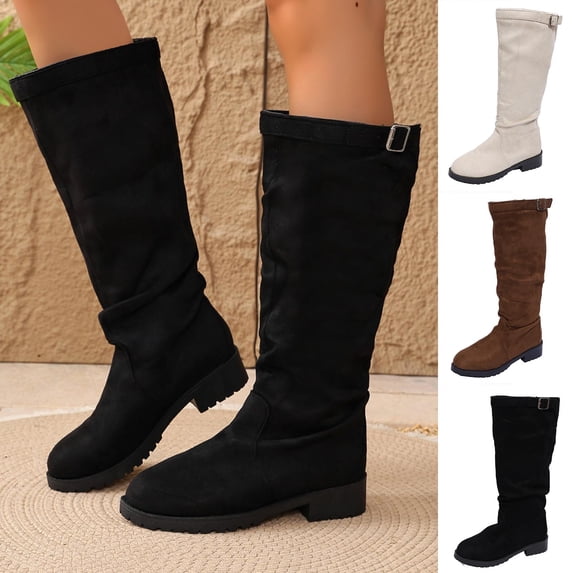 FRSASU Women's Knee High Boots Faux Suede Chunky Heeled Vintage Boot Mid Calf Flat Slip On Casual Low Heel Boots White
