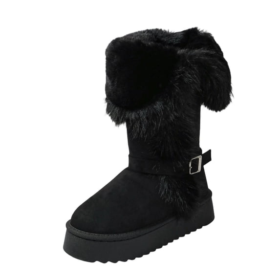 FRSASU Women's Knee High Faux Fur Snow Boots Furry Fluffy Fuzzy Round Toe Warm Winter Boots Pull On Tall Boot with Buckle Black