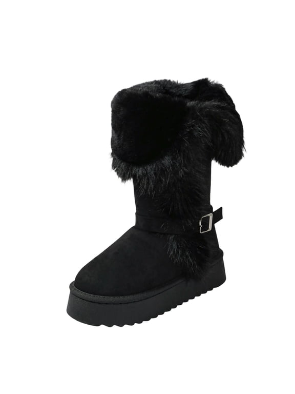 Women's Knee High Faux Fur Snow Boots Furry Fluffy Fuzzy Round Toe Warm Winter Boots Pull On Tall Boot with Buckle Black