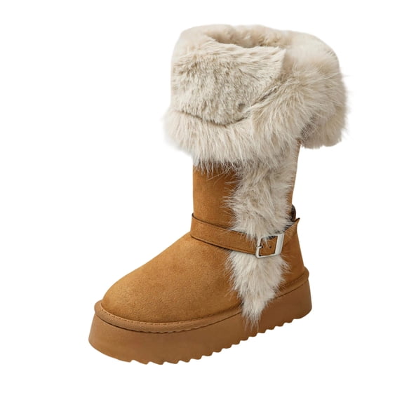 FRSASU Women's Knee High Faux Fur Snow Boots Furry Fluffy Fuzzy Round Toe Warm Winter Boots Pull On Tall Boot with Buckle Brown