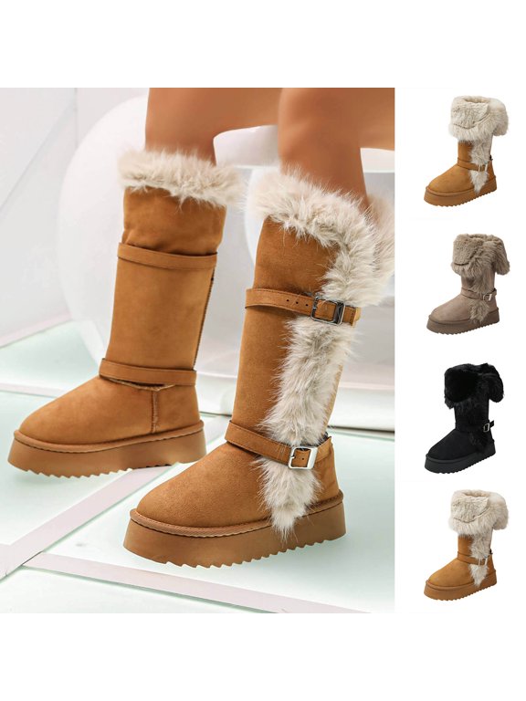 Women's Knee High Faux Fur Snow Boots Furry Fluffy Fuzzy Round Toe Warm Winter Boots Pull On Tall Boot with Buckle Khaki