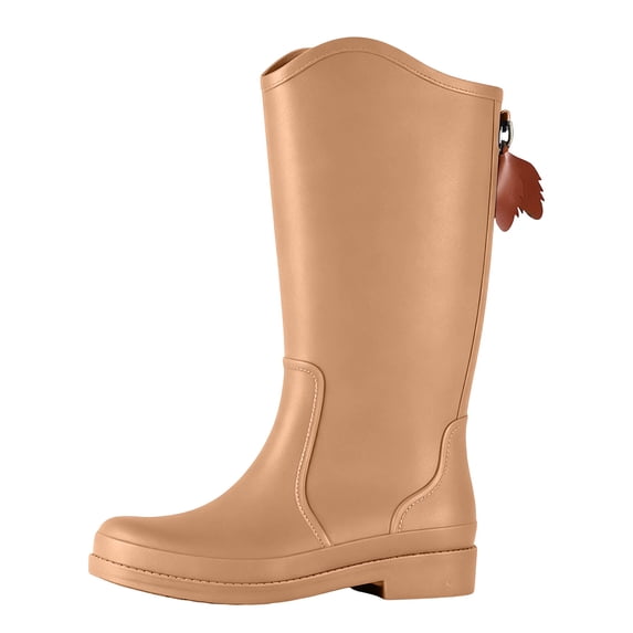 FRSASU Women's Knee‑High Waterproof Rain Boots Tassel Decor Matte Tall Boots Non‑Slip Sole for Rainy Days & Daily Wear Khaki