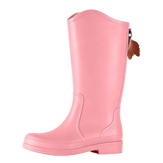 FRSASU Women's Knee‑High Waterproof Rain Boots Tassel Decor Matte Tall Boots Non‑Slip Sole for Rainy Days & Daily Wear Pink