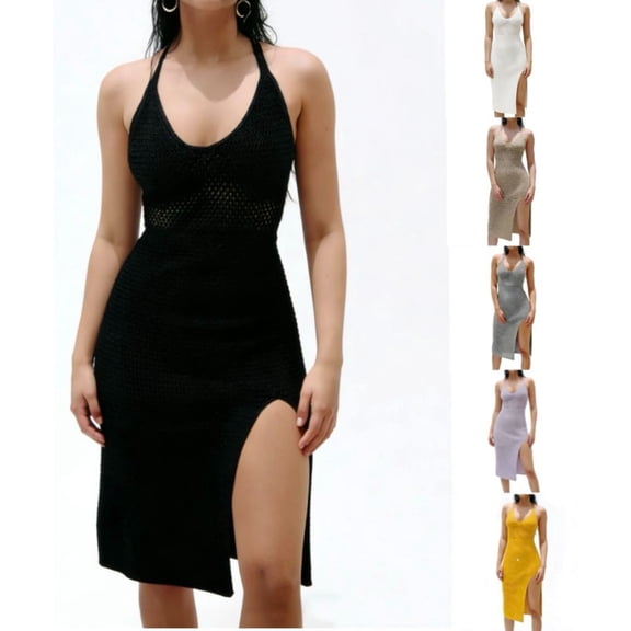 FRSASU Women's Knit Dress Spaghetti Strap Floral Dresses Bodycon Knitted Hollow Beach Dress Backless Swim Cover up Dresses Yellow