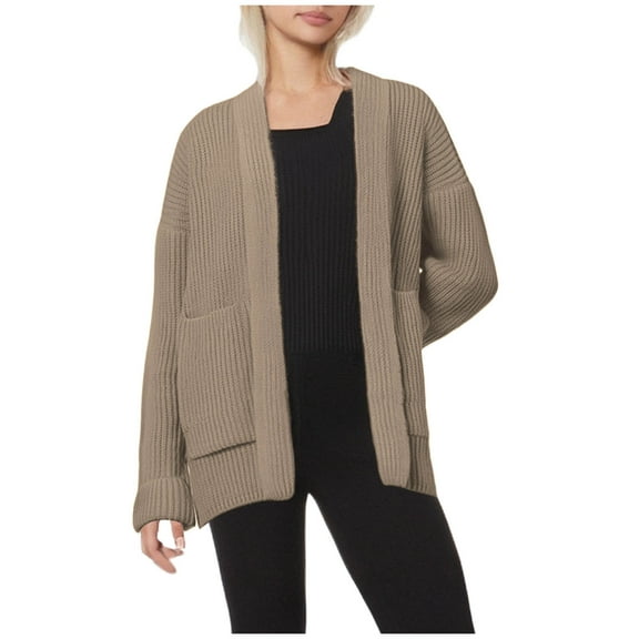 FRSASU Women's Knit Open Front Sweater Solid Color Long Sleeve Loose Cardigan Outerwear Coats with Pocket Khaki S(S)