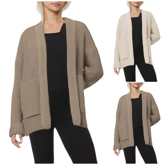FRSASU Women's Knit Open Front Sweater Solid Color Long Sleeve Loose Cardigan Outerwear Coats with Pocket Khaki XL(XL)