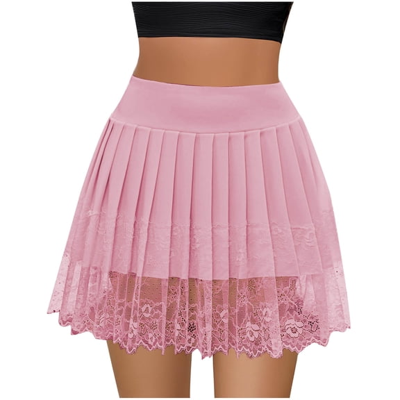FRSASU Women's Lace Half Slip Skirt Low Rise Pleated Ruffle LaceTrim Mini Skirt Layered Flowy Short Skirts Underskirt Pink