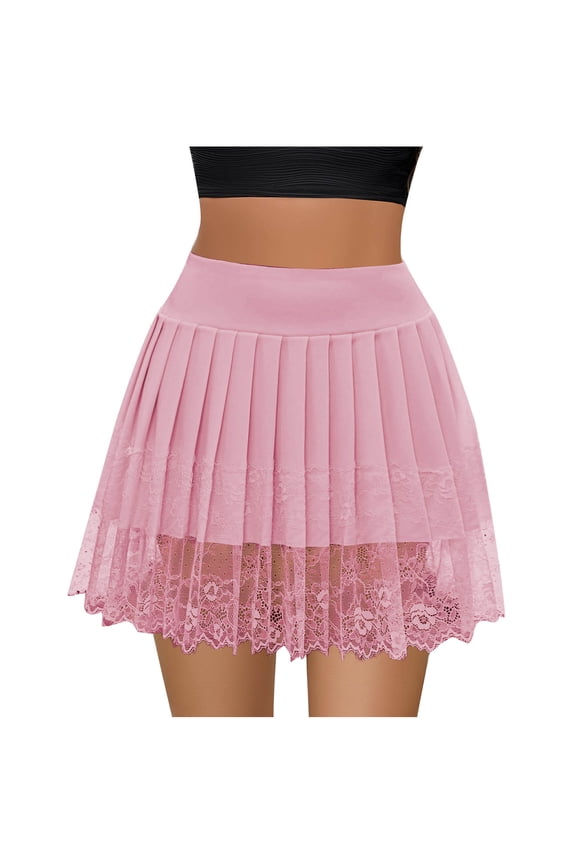 Women's Lace Half Slip Skirt Low Rise Pleated Ruffle LaceTrim Mini Skirt Layered Flowy Short Skirts Underskirt Pink