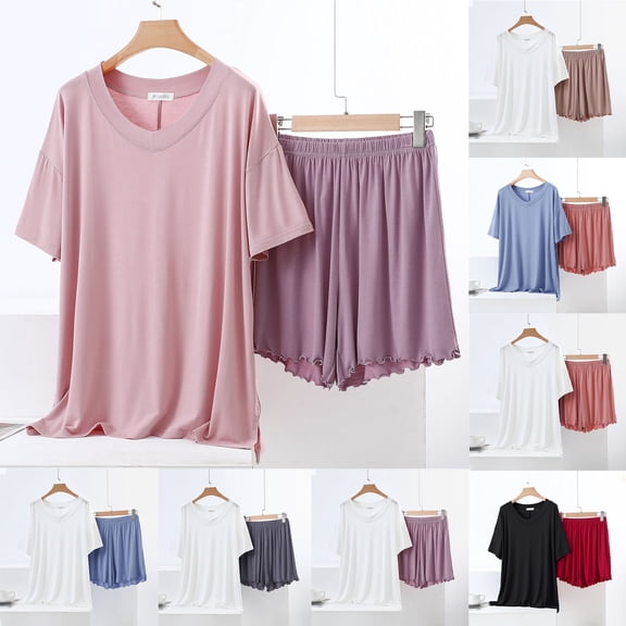 FRSASU Women's Lace Splicing Modal Pajama Solid Sets Loose V Neck Short Sleeve Top and Shorts Comfy Soft Summer 2 Piece Lounge Set Sky Blue