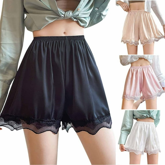 FRSASU Women's Lace Trim Satin Shorts Shiny Elastic Solid Color Leggings Shorts White 10(XL)