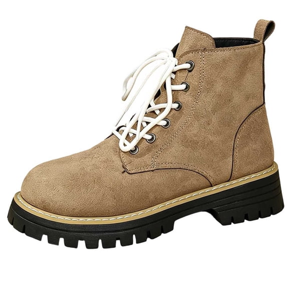 FRSASU Women's Lace-Up Ankle Boots Low Chunky Heel Platform Fall Winter Round Toe Lug Sole Side Zipper Boots Khaki