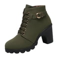 thumbnail image 1 of FRSASU Women's Lace‑Up Buckle Strap Block Heel Ankle Booties, Side Zipper Scalloped Lug Sole Faux Leather Short Boots Army Green, 1 of 9