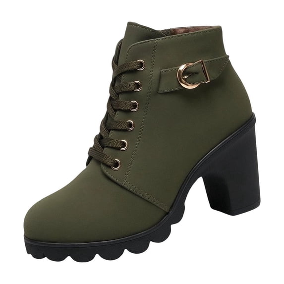 FRSASU Women's Lace‑Up Buckle Strap Block Heel Ankle Booties, Side Zipper Scalloped Lug Sole Faux Leather Short Boots Army Green