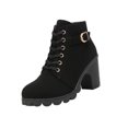 thumbnail image 1 of FRSASU Women's Lace‑Up Buckle Strap Block Heel Ankle Booties, Side Zipper Scalloped Lug Sole Faux Leather Short Boots Black, 1 of 9