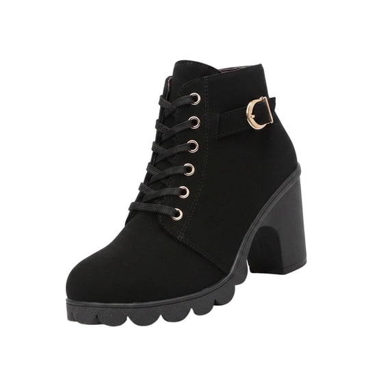 FRSASU Women's Lace‑Up Buckle Strap Block Heel Ankle Booties, Side Zipper Scalloped Lug Sole Faux Leather Short Boots Black