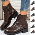 thumbnail image 1 of FRSASU Women's Lace‑Up Side Zipper Combat Boots Faux Leather Ankle Booties with Block Chunky Heel & Lug Non‑Slip Sole Brown, 1 of 7
