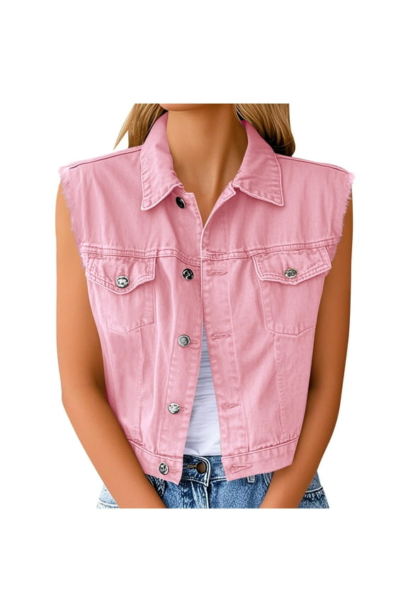 Women's Lapel Collar Button Up Solid Color Sleeveless Casual Fashion Denim Vest Jacke Pink L(L)