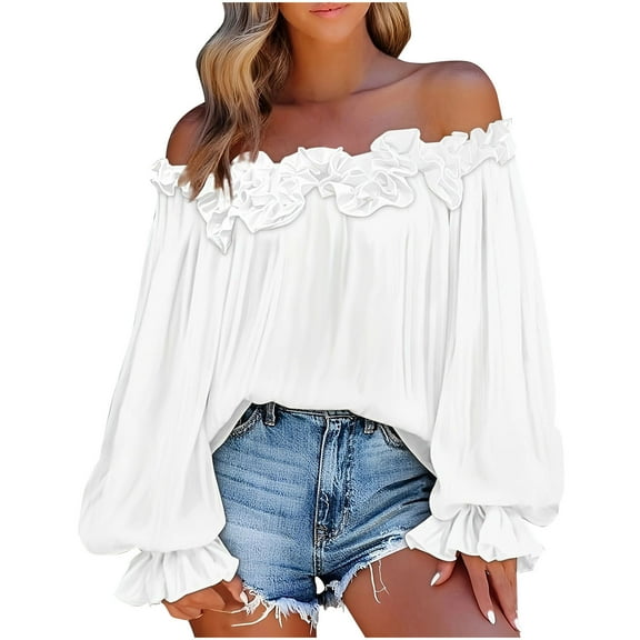 FRSASU Women's Large Size Tops Fashion Long Sleeve Solid Color Boat Neck off Shoulder Blouse Tops White XXL(XXL)