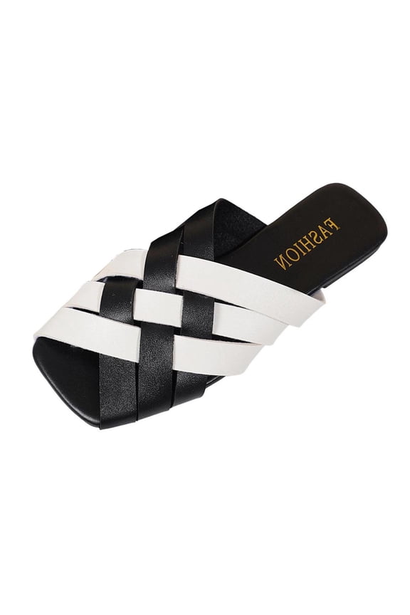 Women's Leather Criss Cross Strappy Slip On Slides Sandals Fashion Braided Round Open Toe Flat Beach Slipper White