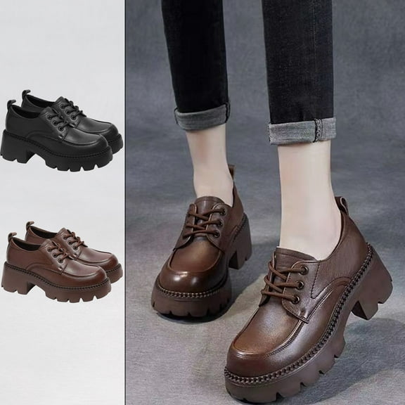 FRSASU Women's Leather Lace Up Chunky Platform Oxfords Comfortable Soft Sole Round Toe Heightening Non Slip Dress Shoes office Business Shoes Brown